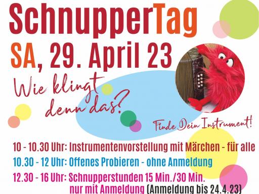 Am Samstag, 29. April 23, ist unser SchnupperTag in der Musikschule Geretsried