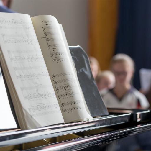School choir piano with notes foreground and