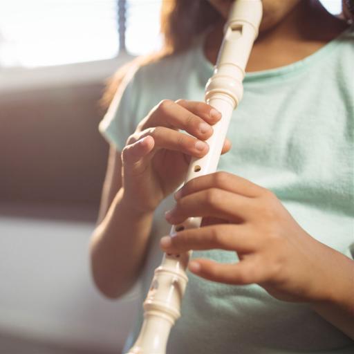 Mid section girl playing flute classroom