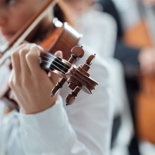 Talented violinist playing with orchestra